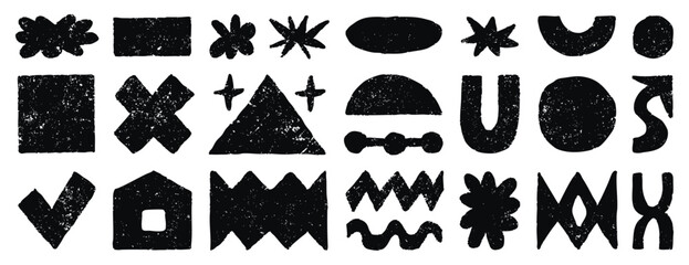Grunge textural elements set, various abstract shapes collection, geometric shapes, elements for posters, social networks, and web design.