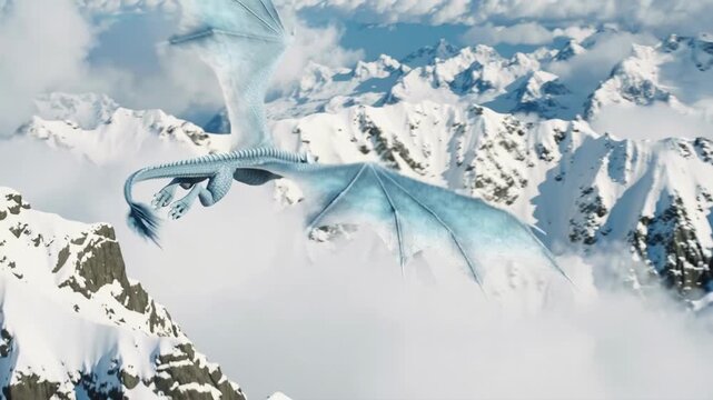 Majestic blue dragon flying over snow capped mountain peaks and clouds on a sunny day. Mythical creature soaring through the sky above the winter landscape. CGI animation fantasy concept