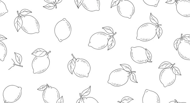 Hand-drawn lemons with leaves create a fresh and zesty seamless line art pattern perfect for kitchen and food backgrounds.