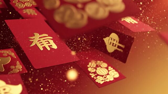 Chinese New Year celebration with red envelopes and gold decorations flying in air
