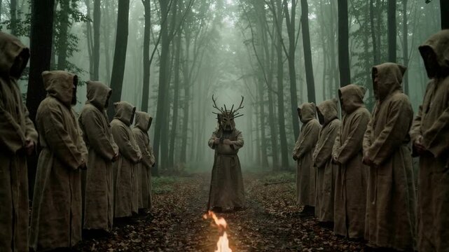 Mysterious group of people in hooded robes performing a ritual in a foggy forest. Central figure wearing an antler mask holding a staff near a campfire. Dark occult atmosphere