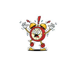 Alarm clock character panicking with an exclamation mark.