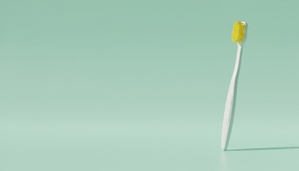 A solitary white toothbrush with a yellow top stands ready for dental hygiene on a soft mint green background.