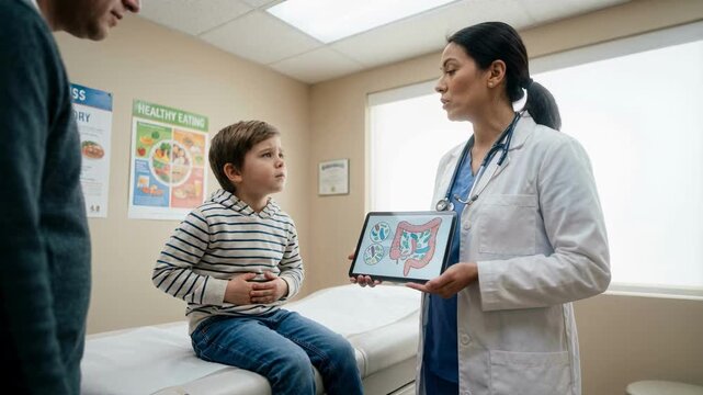 Female doctor showing digestive system diagram on a tablet to a boy with stomach ache and his father. Pediatrician explaining medical diagnosis in a clinic office. Healthcare concept