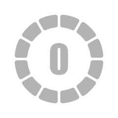 Circular graphic with a central digit '0' enclosed by segmented radial bars, symbolizing completion or zero value