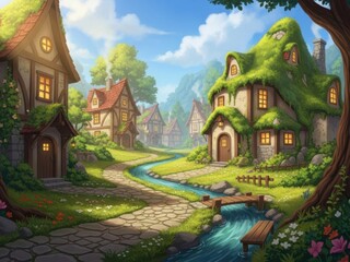 Naklejka premium Fantasy village with mossy houses and stream running through