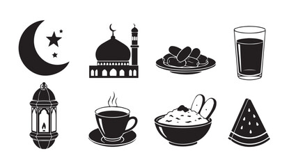 Ramadan Icons: Moon, Mosque, Dates, Coffee, Lantern, Food, Watermelon, Drink - Stock Graphics