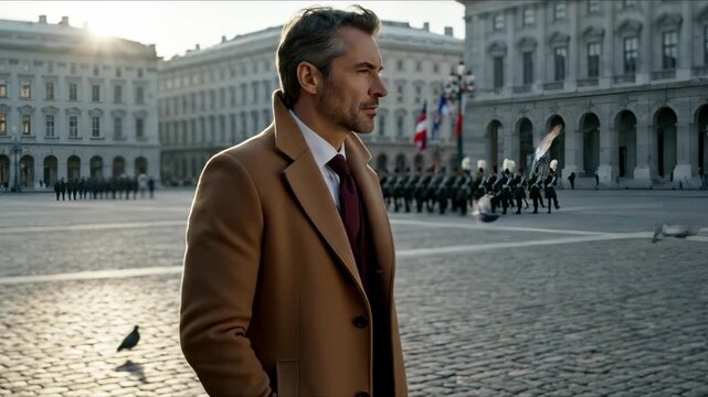 Businessman stands in city square with guards marching near historic buildings. Man in coat watches square ceremony. Businessman at government plaza. City square with guards and businessman.
