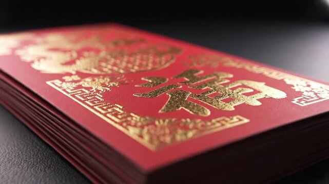 Stack of red envelopes with gold designs on a table indoors