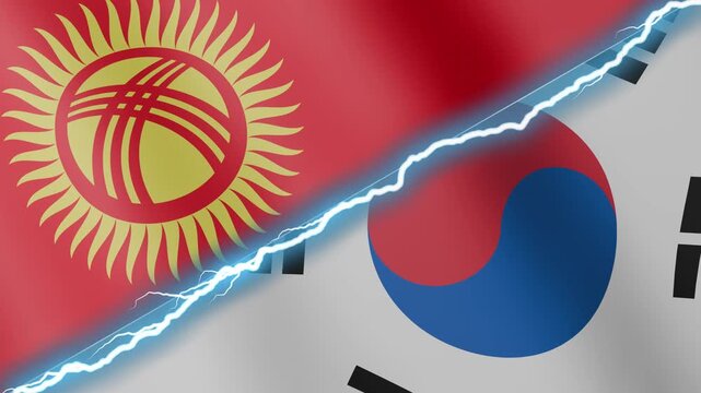Two waving flags Kyrgyzstan and South Korea with diagonal lightning seamless, 4k loop