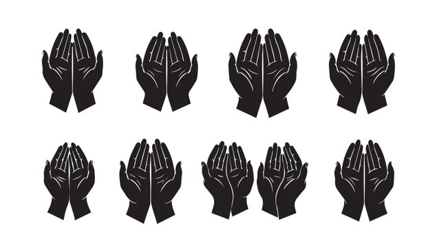 Set of eight black cupped hands icons, simple vector illustration for prayer or offering