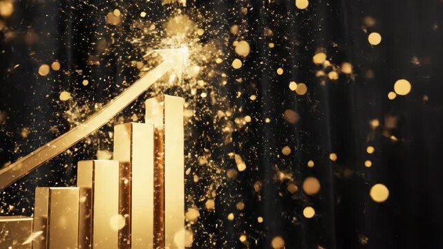 Gold bar chart showing financial success and triumphant economic growth. upward market arrow represents profitable investment path toward accumulating immense wealth