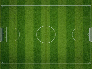 Fototapeta premium Top Down Soccer Field with Striped Grass and Clear Markings
