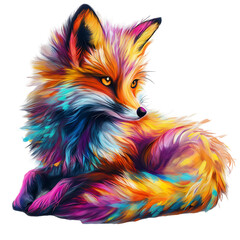 A vibrantly colored digital fox in a relaxed pose with psychedelic fur patterns