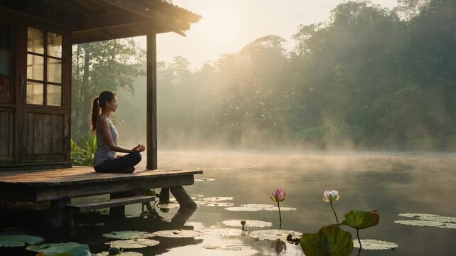 A young girl meditates with her hands in a mudra on the porch of a house at dawn. Meditation, Retreat	