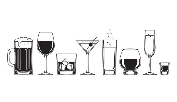 Assorted Alcoholic Drinks in Glasses Vector Illustration