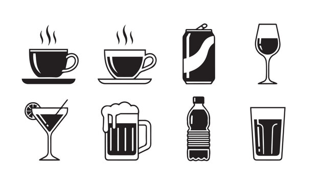 Assorted Beverage Icons: Coffee, Beer, Wine, Soda, Water, Cocktail Stock Graphics