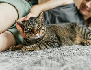 Woman Lying on Carpet Petting Cat at Home