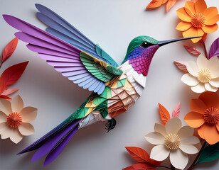 Obraz premium Papercraft / Origami: A 3D render of a hummingbird and flowers crafted entirely from folded colored paper and cardboard. Visible paper textures and fold lines.
