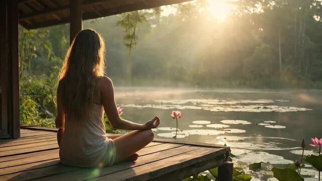 A young girl meditates with her hands in a mudra on the porch of a house at dawn. Meditation, Retreat	