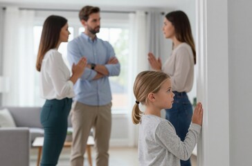 Obraz premium Frustrated Child Witnessing Parents Arguing with Mediator, Showcasing Family Conflict and Emotional Impact in a Home Setting