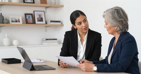 Obraz premium Financial Advisor Consults Mature Woman on Investments, Planning for Retirement and Estate in Modern Office