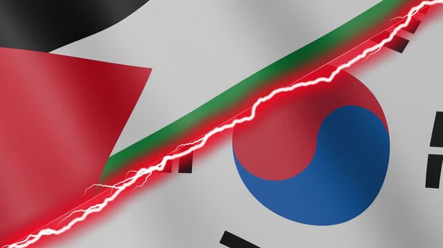 Two waving flags Palestine and South Korea with diagonal lightning seamless, 4k loop