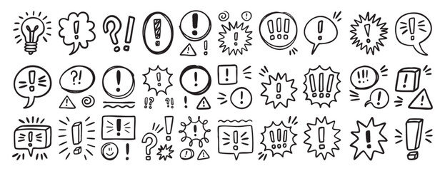 Hand drawn exclamation mark doodle speech bubbles set. Comic chat balloon collection. Sketch style communication elements vector © Yanka