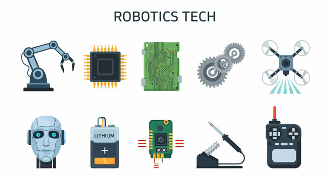 Ten icons related to robotics technology displayed in two rows