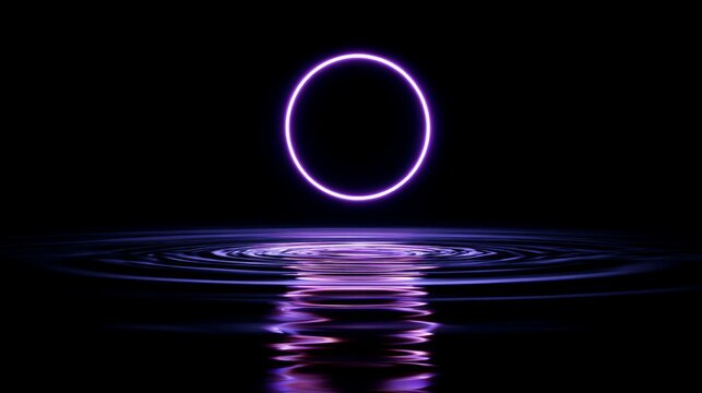 Glowing Neon Ring Above Water with Reflections