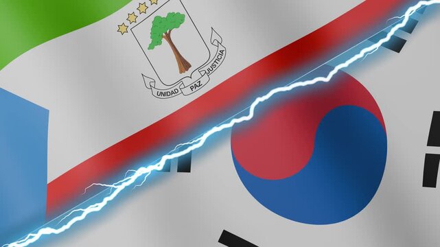 Two waving flags Equatorial Guinea and South Korea with diagonal lightning seamless, 4k loop