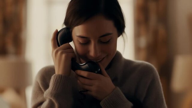 A woman smiles while talking on a vintage phone. The woman appears to express happiness in a cozy, well-lit room filled with soft furnishings.