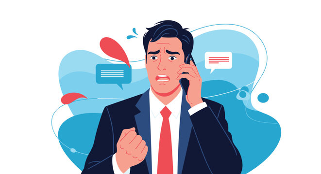 Stressed businessman in a professional suit expresses anxiety and worry while talking on a mobile phone against an abstract background.