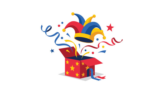 Colorful jester hat popping out of a star patterned surprise box with confetti and ribbons for carnival, party, and April fools celebrations.