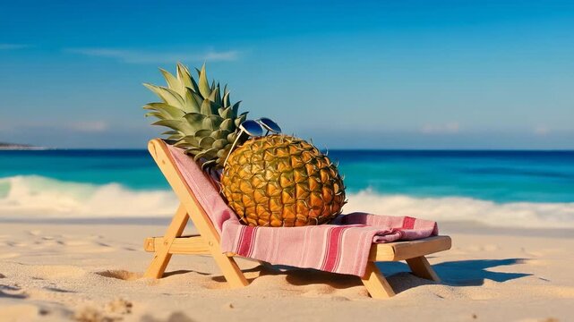 A pineapple rests on a beach chair near the ocean. The pineapple, wearing sunglasses, is set against a backdrop of sand and gentle waves, creating a serene scene.