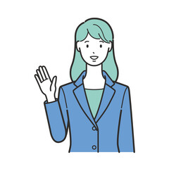 手を上げたポーズをする正面を向いたスーツの女性