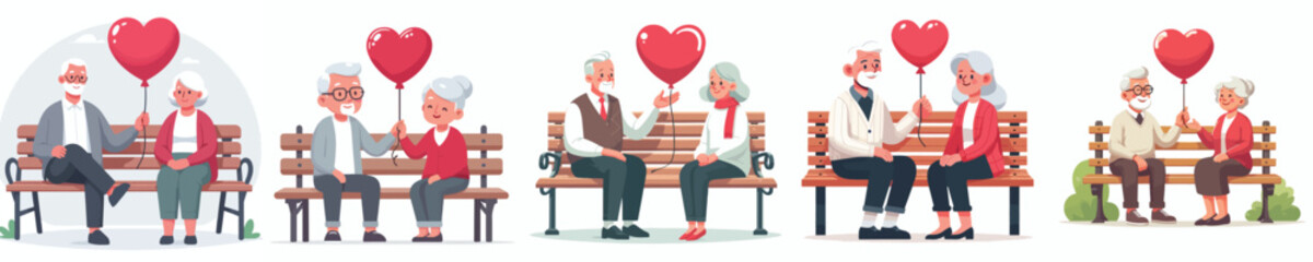 Obraz premium vector of a old couple sitting on a park bench giving valentine love balloons