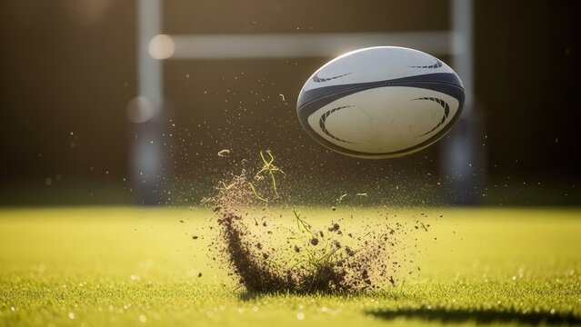 Rugby Ball Flying Through the Air During a Match on a Sunny Day