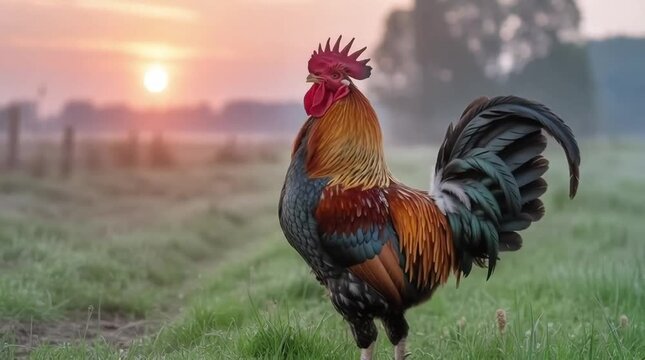 Proud rooster crowing at dawn in a misty field with the rising sun