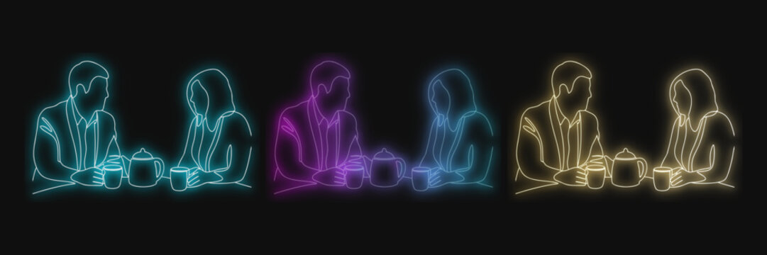 Neon People Silhouettes Communication Concept Vector Illustration Set