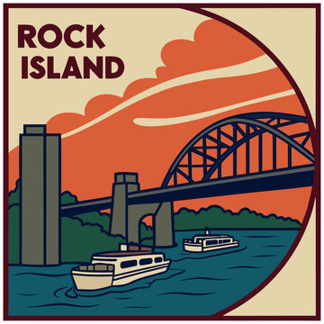 Rock Island Historic Bridge and River Cruise Boats Scenic Landscape Illustration