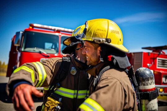 Two firefighters posing in front of a fire truck