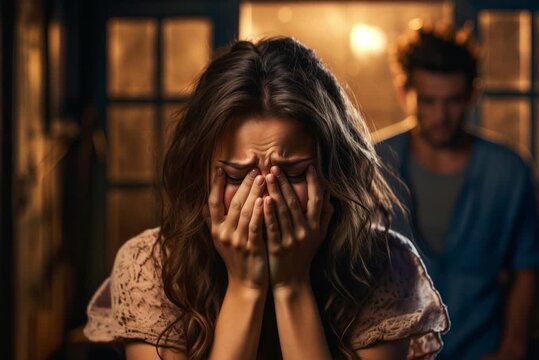 Desperate young woman after an argument with her partner. Concept of harassment