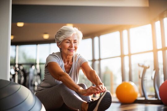 Senior woman in the gym with a fitness ball stretching