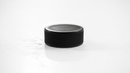 Close-up view of a black hockey puck on ice surface with minimal background