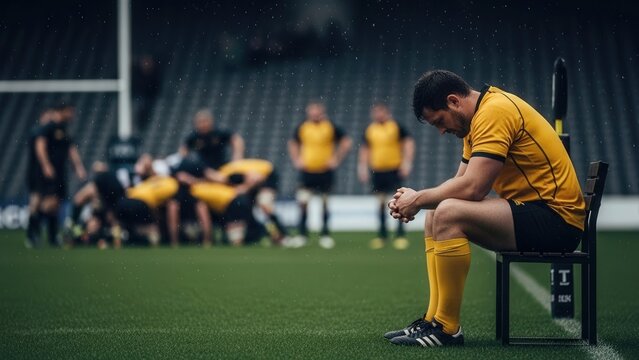 Football Player Sitting on Bench During Match Break at Stadium