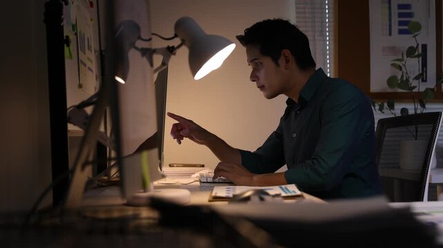 Asian man reviewing business reports and comparing data on his computer screen while working overtime in a modern office.