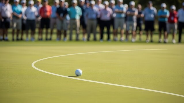 Golf Ball on the Green with a Group of Spectators Watching in Background