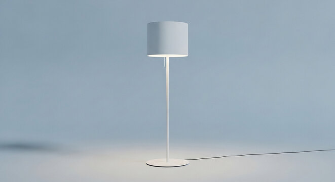 A modern minimalist lamp standing alone on a plain surface, softly illuminated from within, against a calm background, viewed from the front