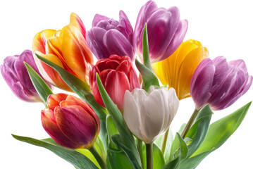 Fototapeta premium Vibrant Bouquet of Multicolored Tulips Against a Black Background in Full Bloom